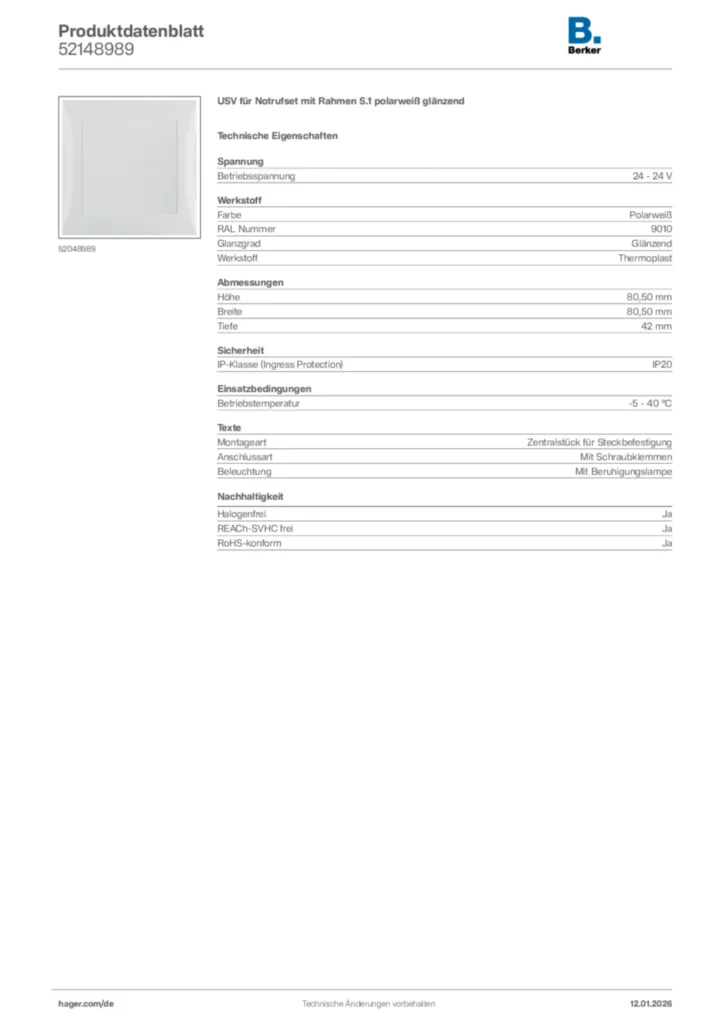 Bild Berker Produktdatenblatt 52148989 | Hager Deutschland