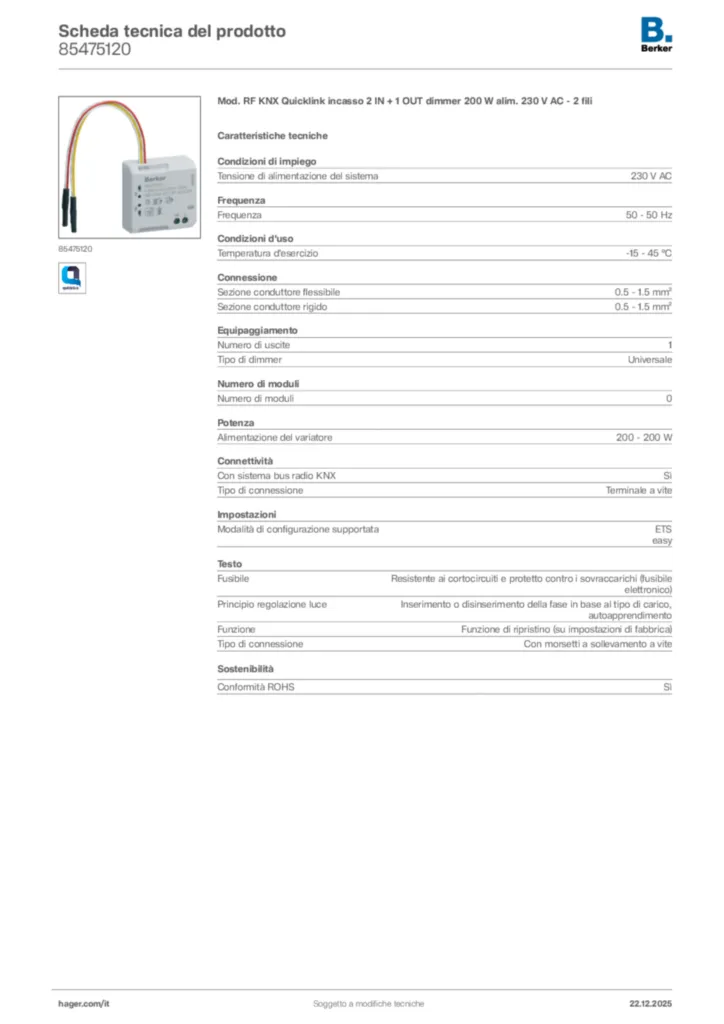 Immagine Berker Scheda tecnica del prodotto 85475120 | Hager Italia