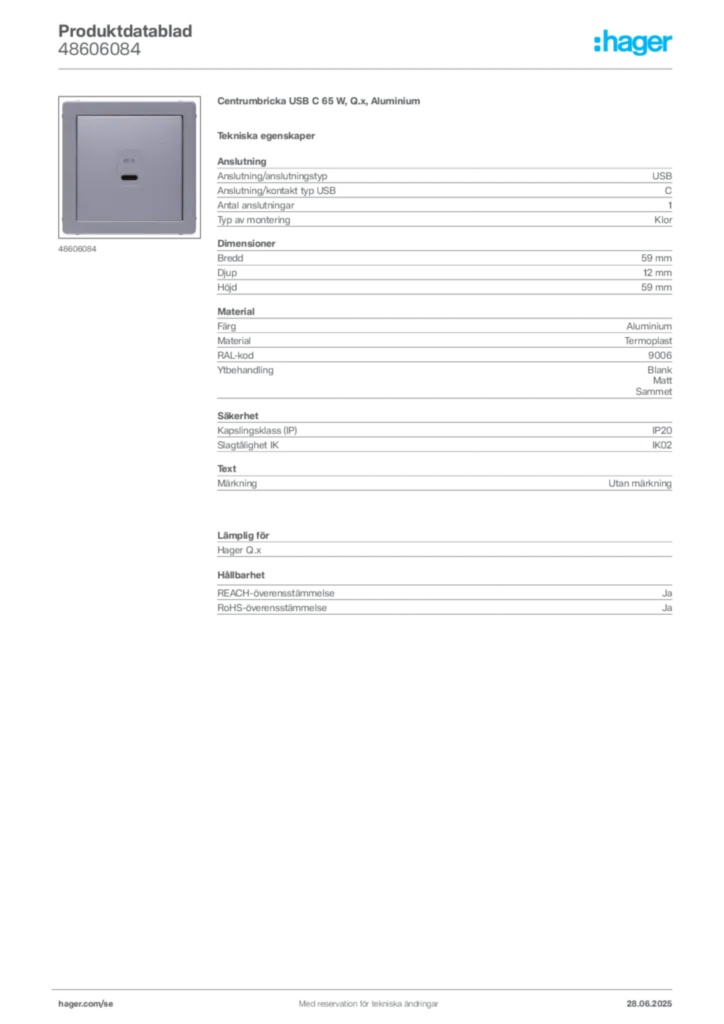 Bild Hager Produktdatablad 48606084 | Hager Sverige