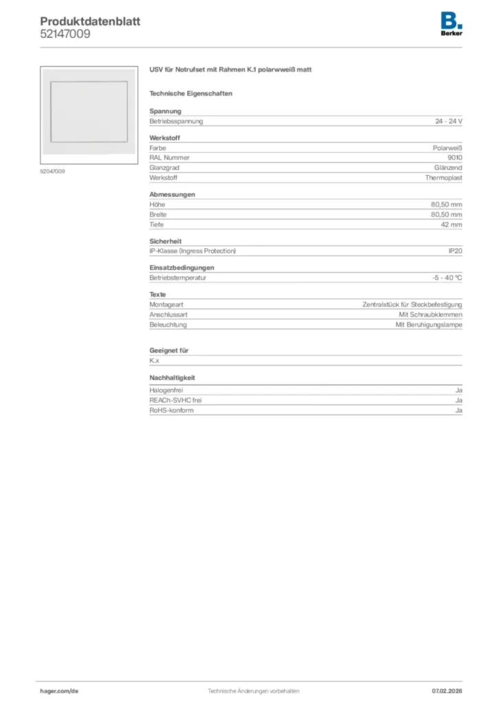 Bild Berker Produktdatenblatt 52147009 | Hager Deutschland