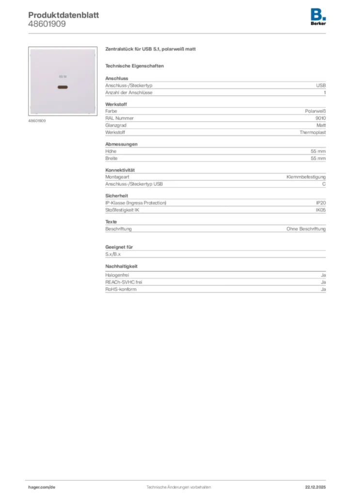 Bild Berker Produktdatenblatt 48601909 | Hager Deutschland