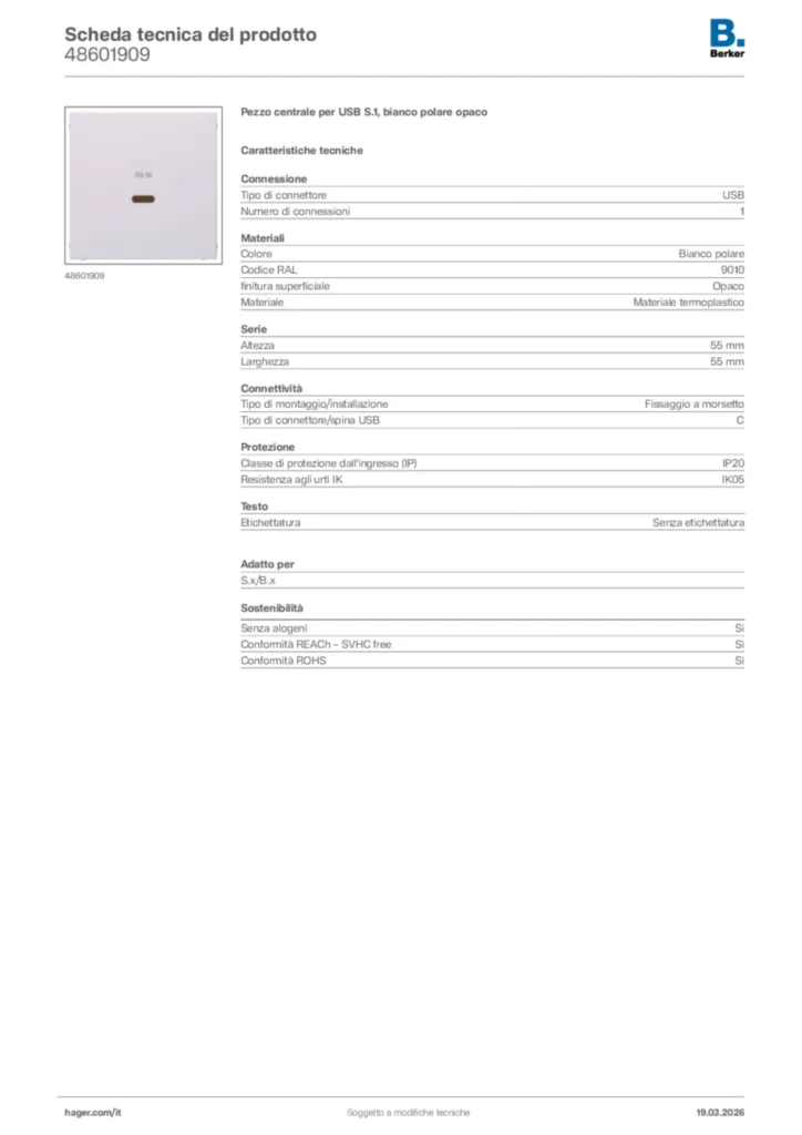 Immagine Berker Scheda tecnica del prodotto 48601909 | Hager Italia