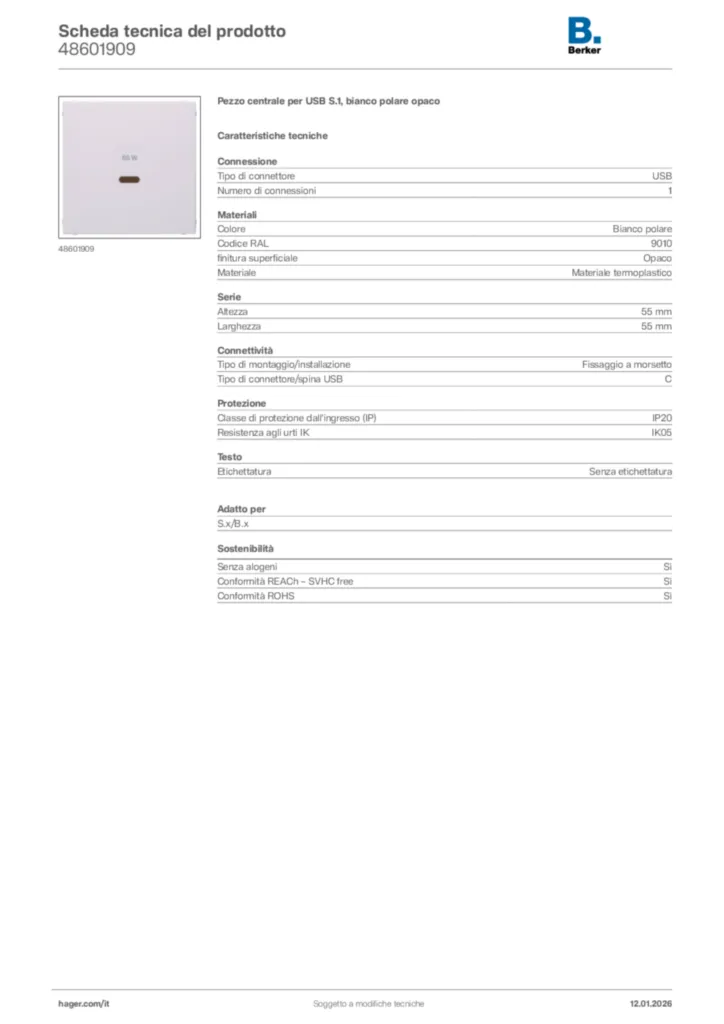 Immagine Berker Scheda tecnica del prodotto 48601909 | Hager Italia