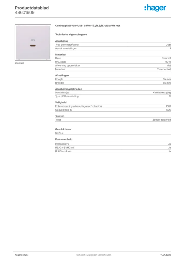 Afbeelding Hager Productdatablad 48601909 | Hager Nederland