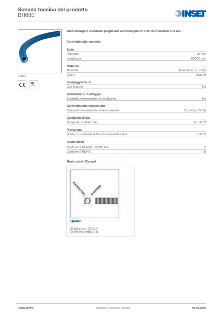 Immagine Inset Scheda tecnica del prodotto B11680 | Hager Italia