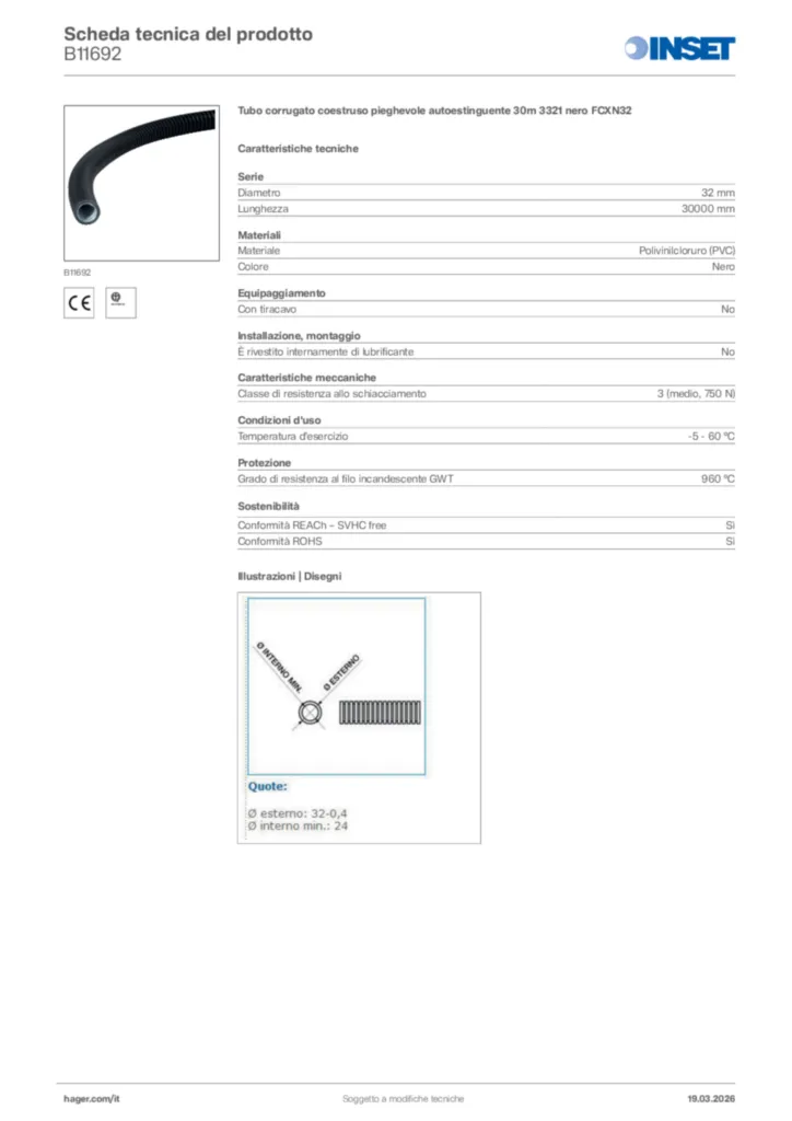 Immagine Inset Scheda tecnica del prodotto B11692 | Hager Italia