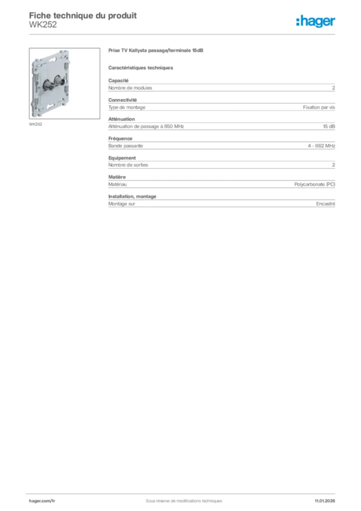 Image Hager Fiche technique du produit WK252 | Hager France