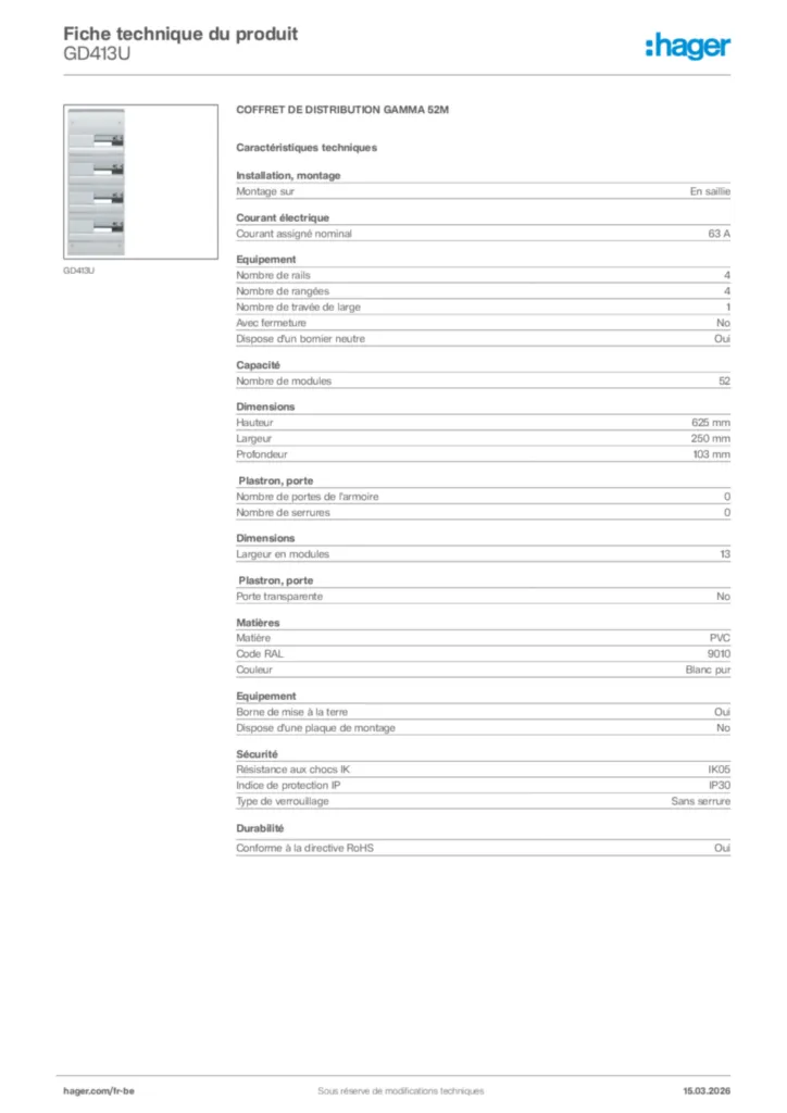 Image Hager Fiche technique du produit GD413U | Hager Belgique