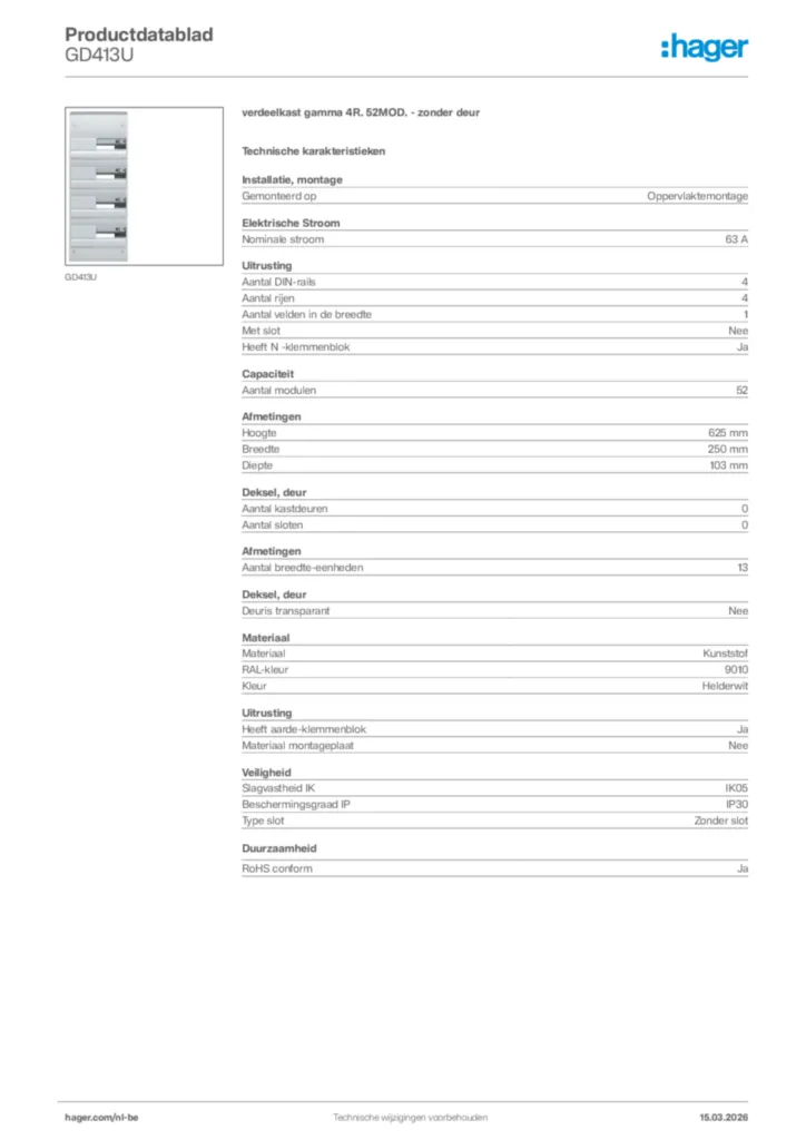Afbeelding Hager Productdatablad GD413U | Hager Belgium