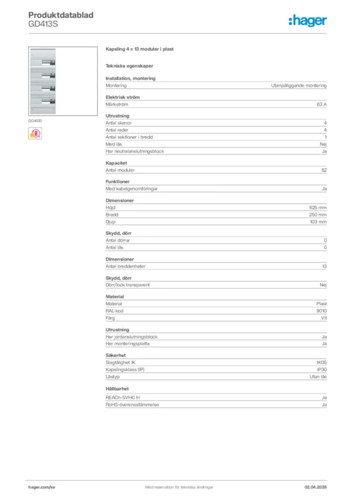 Bild Hager Produktdatablad GD413S | Hager Sverige