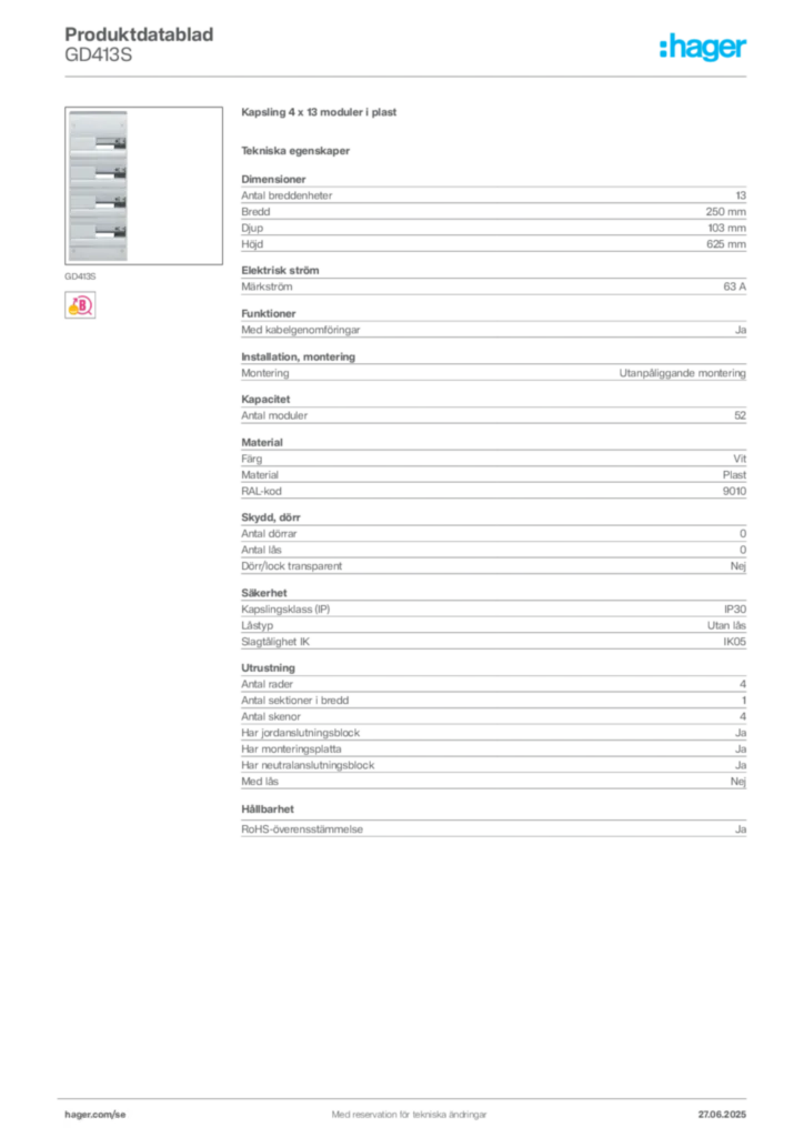 Bild Hager Produktdatablad GD413S | Hager Sverige