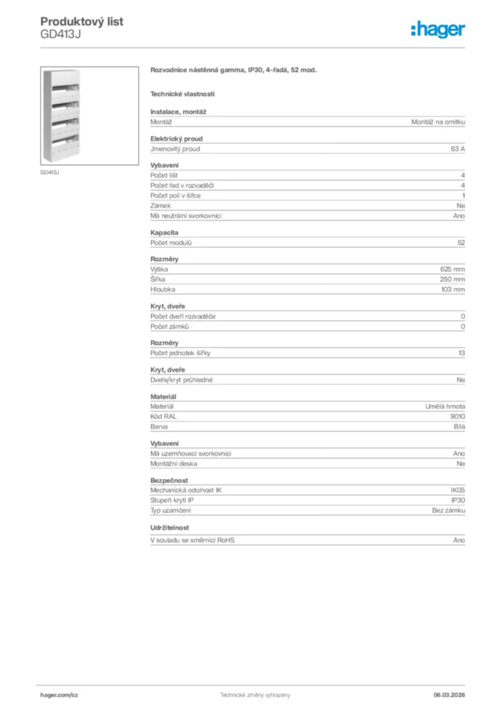 Obrázek Hager Product data sheet GD413J | Hager
