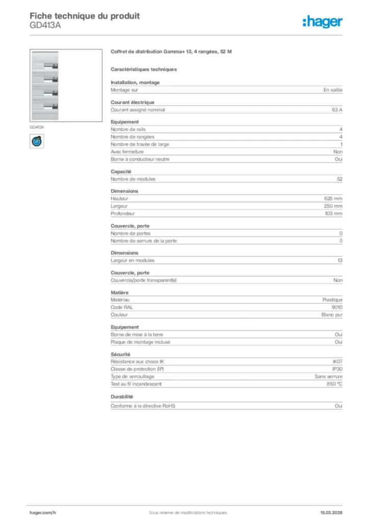 Image Hager Fiche technique du produit GD413A | Hager France