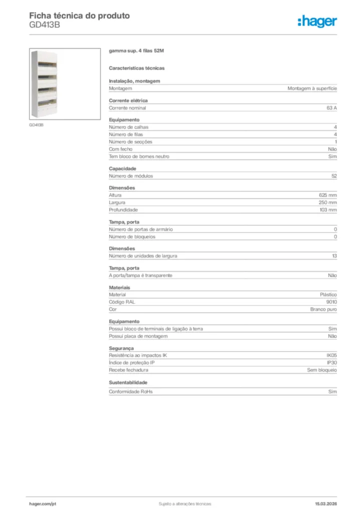 Imagem Hager Ficha técnica do produto GD413B | Hager Portugal