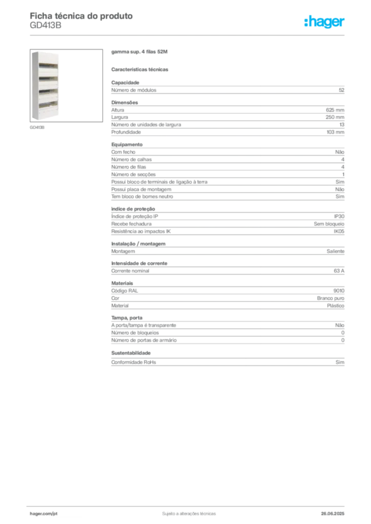 Imagem Hager Ficha técnica do produto GD413B | Hager Portugal