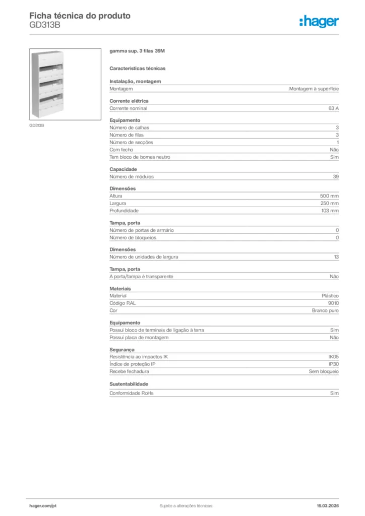 Imagem Hager Ficha técnica do produto GD313B | Hager Portugal