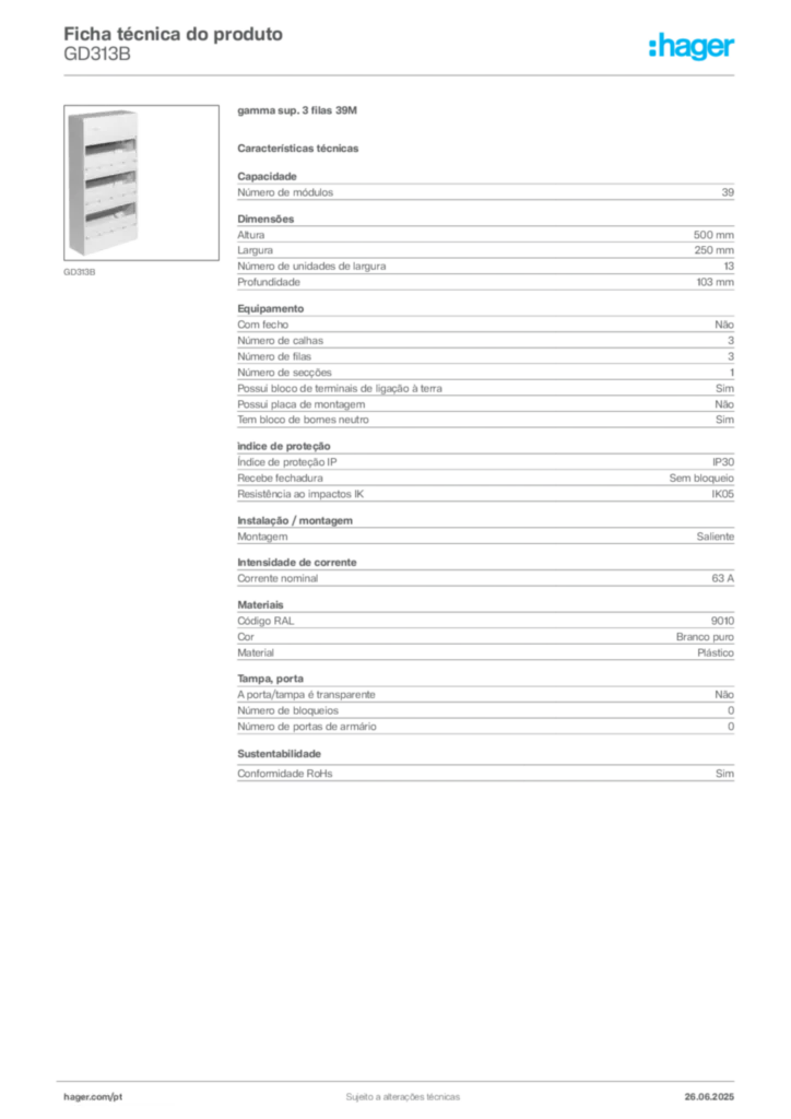 Imagem Hager Ficha técnica do produto GD313B | Hager Portugal