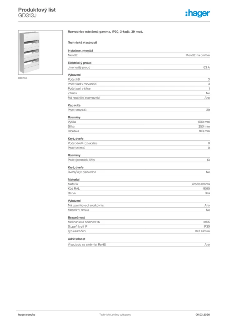 Obrázek Hager Product data sheet GD313J | Hager