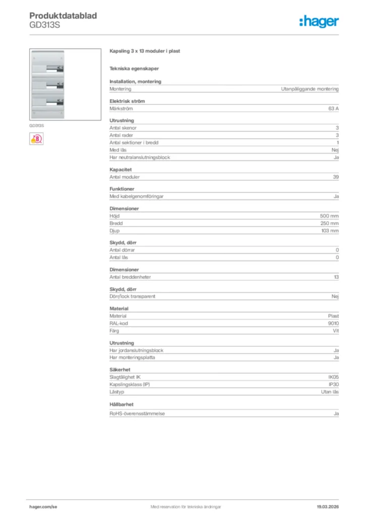 Bild Hager Produktdatablad GD313S | Hager Sverige