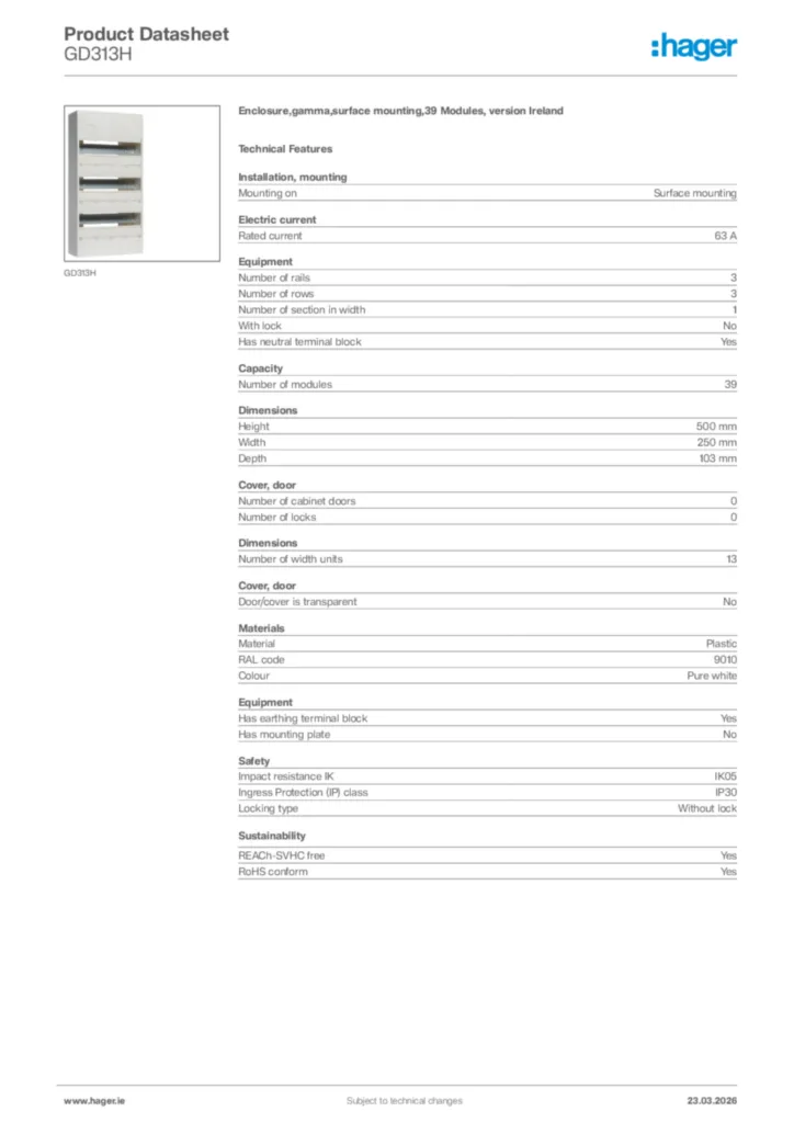 Image Hager Product data sheet GD313H  | Hager