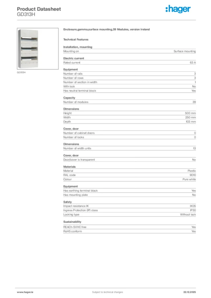 Image Hager Product data sheet GD313H  | Hager