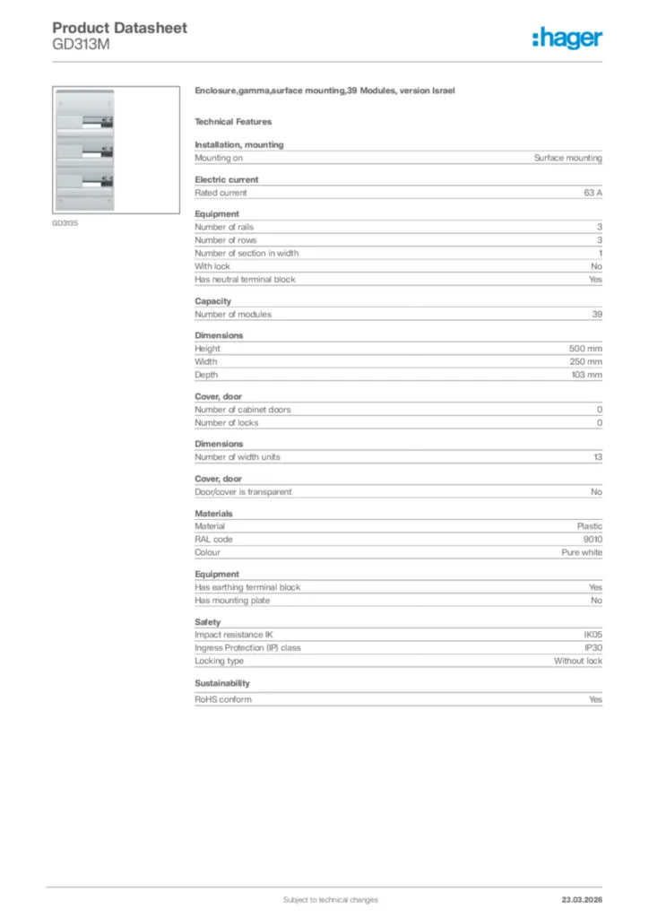 Image Hager Product data sheet GD313M  | Hager Africa