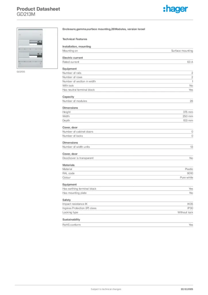 Image Hager Product data sheet GD213M  | Hager Africa