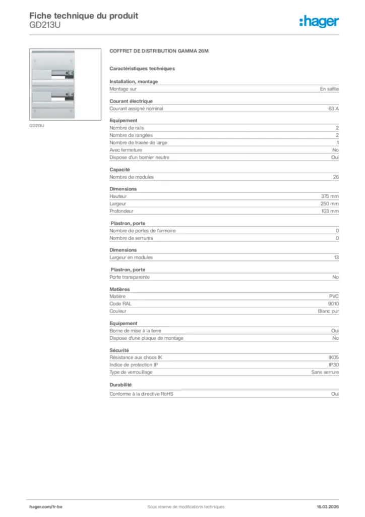 Image Hager Fiche technique du produit GD213U | Hager Belgique