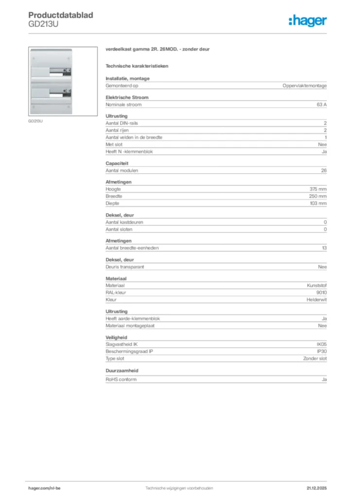 Afbeelding Hager Productdatablad GD213U | Hager Belgium