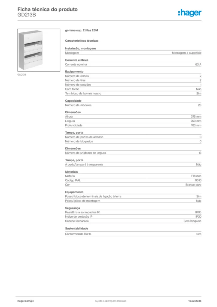 Imagem Hager Ficha técnica do produto GD213B | Hager Portugal