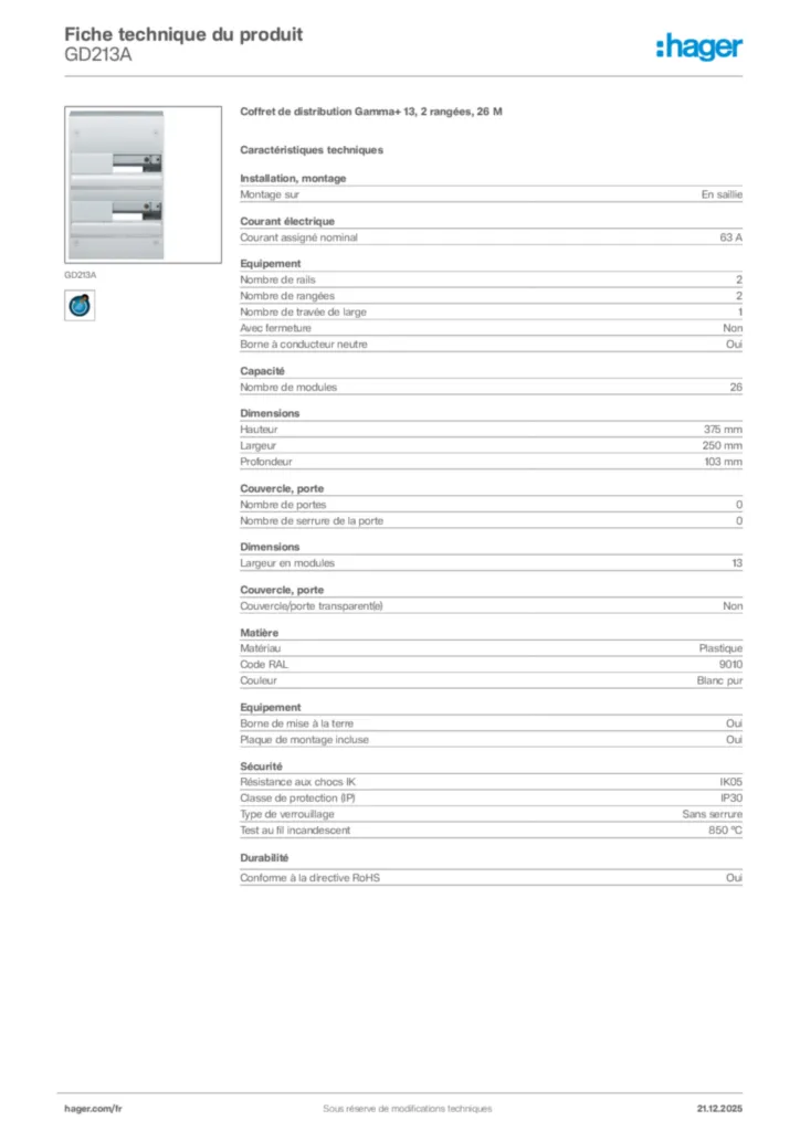 Image Hager Fiche technique du produit GD213A | Hager France
