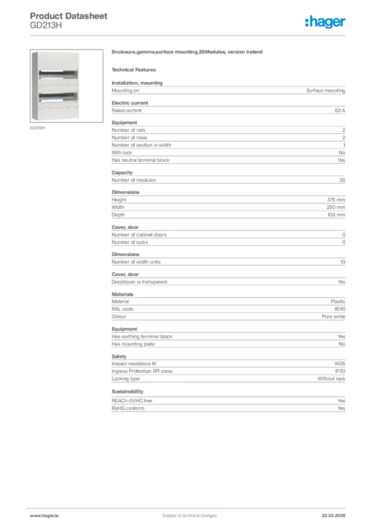 Image Hager Product data sheet GD213H  | Hager
