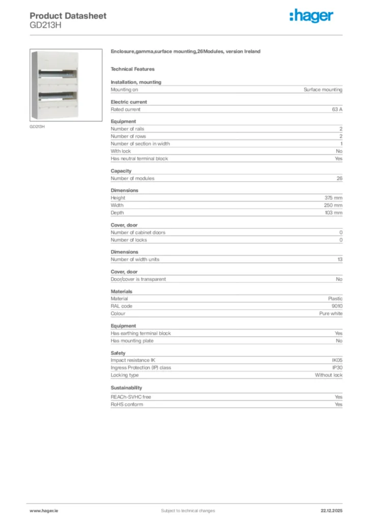 Image Hager Product data sheet GD213H  | Hager