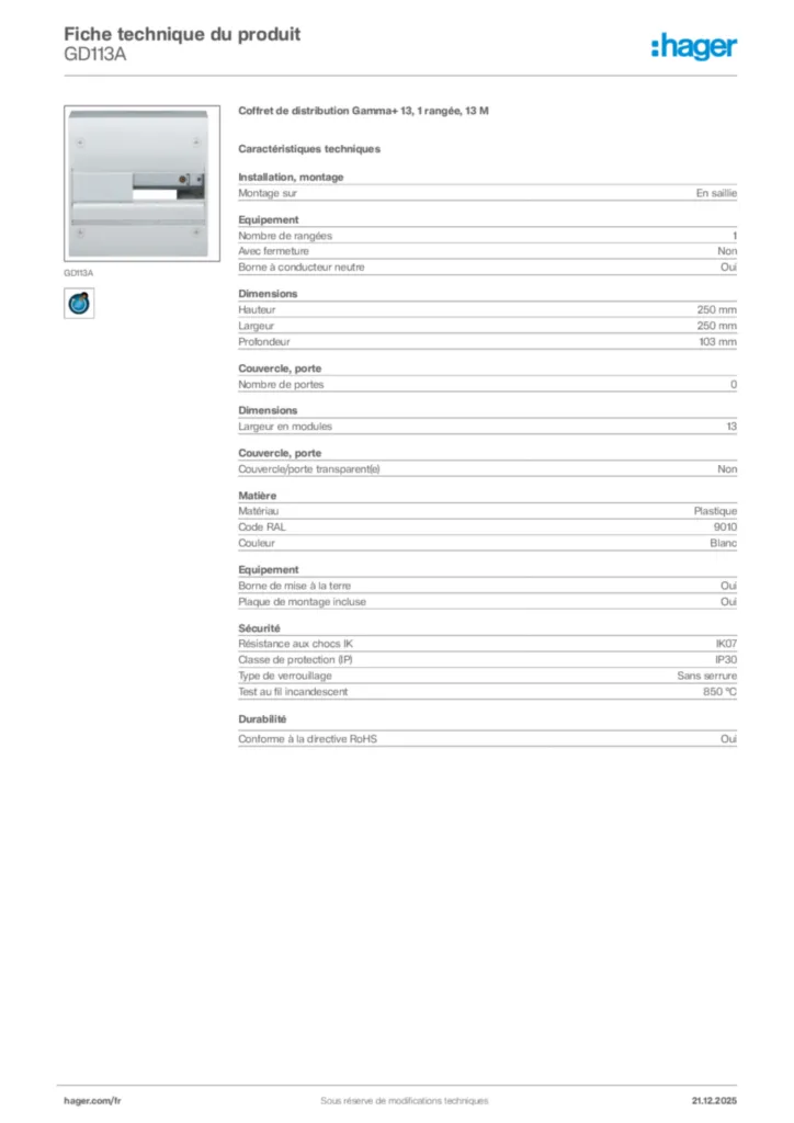 Image Hager Fiche technique du produit GD113A | Hager France