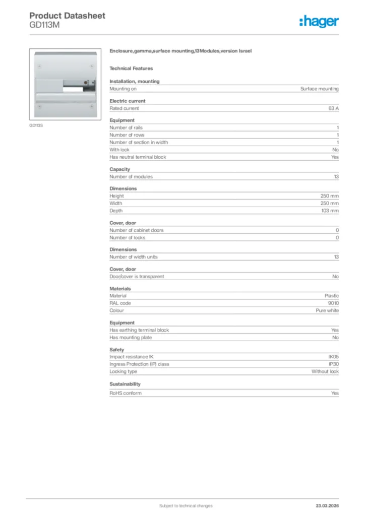 Image Hager Product data sheet GD113M  | Hager Africa