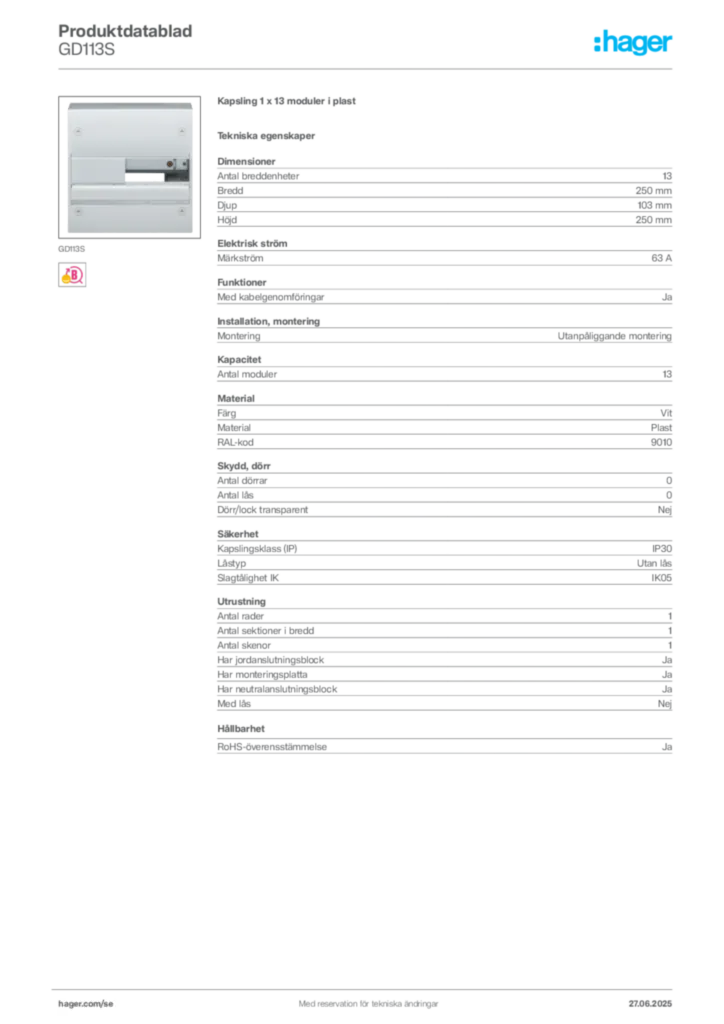 Bild Hager Produktdatablad GD113S | Hager Sverige