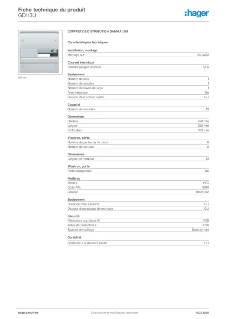 Image Hager Fiche technique du produit GD113U | Hager Belgique