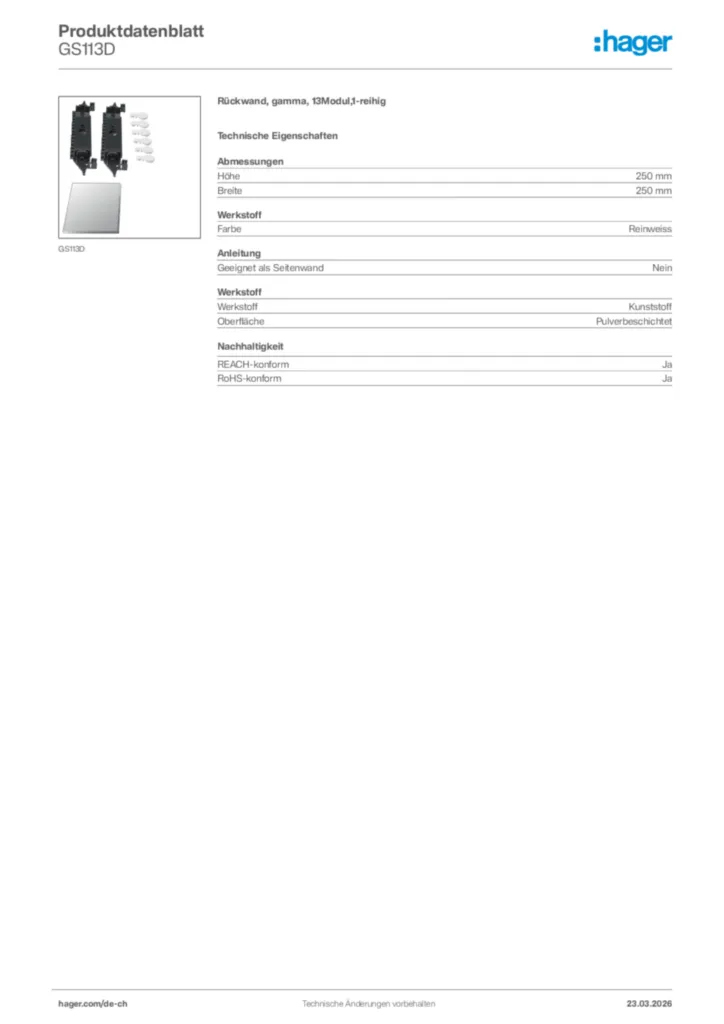 Bild Hager Produktdatenblatt GS113D | Hager Schweiz