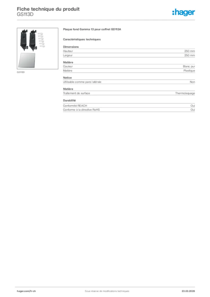 Image Hager Fiche technique du produit GS113D | Hager Suisse