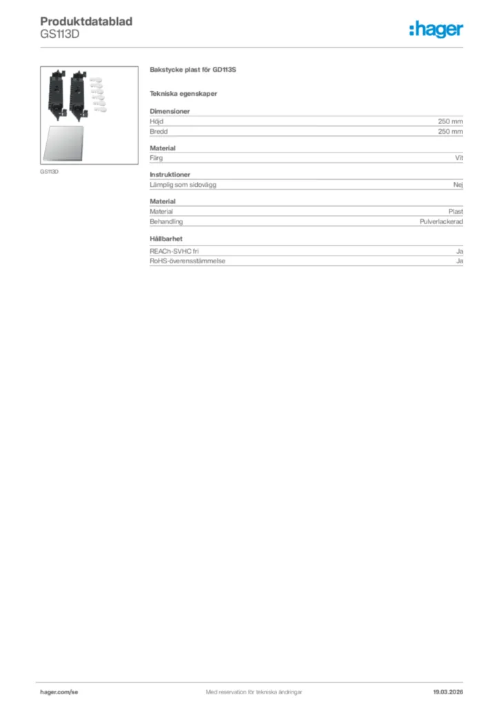 Bild Hager Produktdatablad GS113D | Hager Sverige