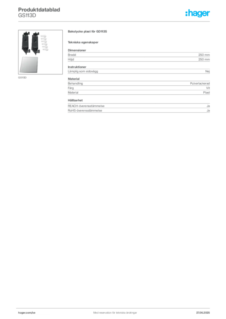Bild Hager Produktdatablad GS113D | Hager Sverige
