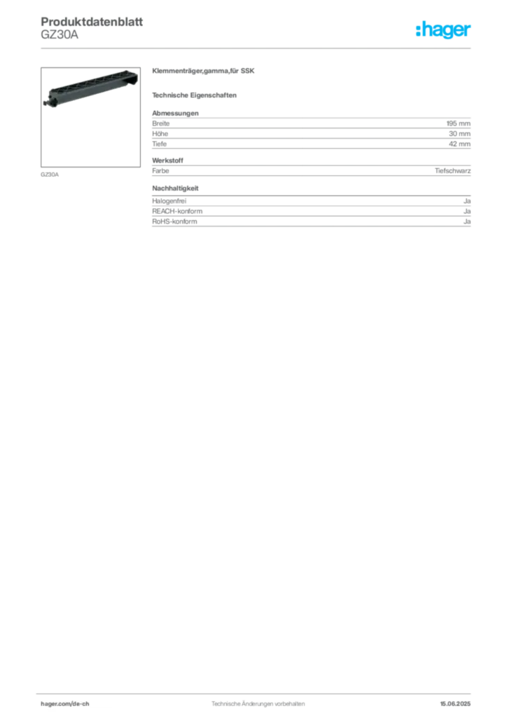 Bild Hager Produktdatenblatt GZ30A | Hager Schweiz