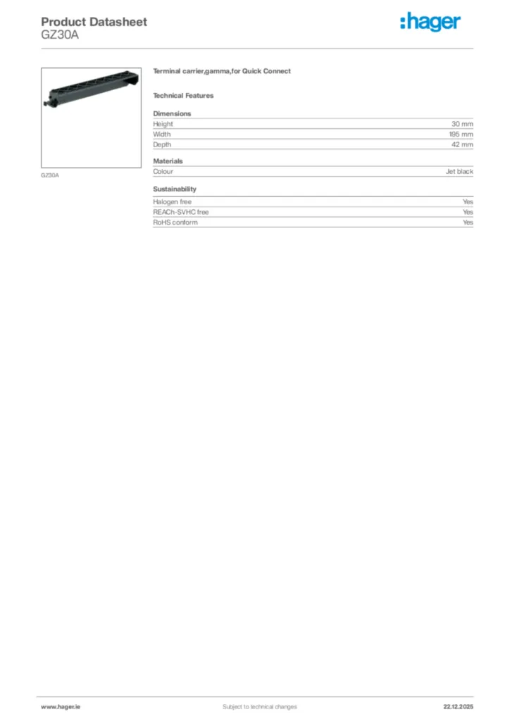 Image Hager Product data sheet GZ30A  | Hager