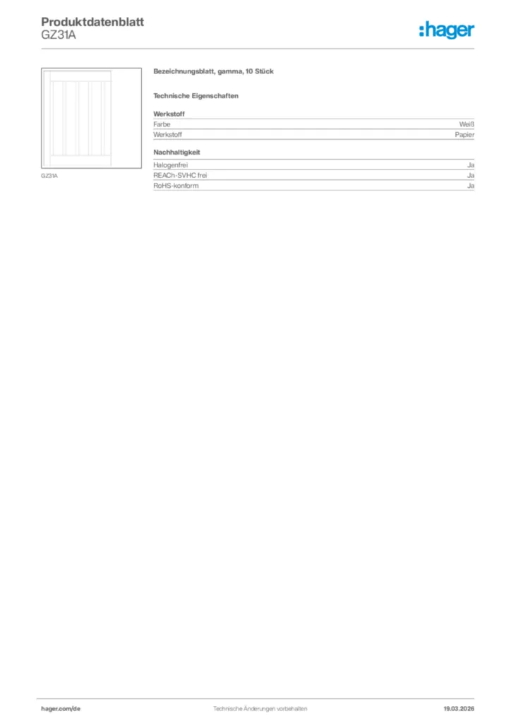 Bild Hager Produktdatenblatt GZ31A | Hager Deutschland