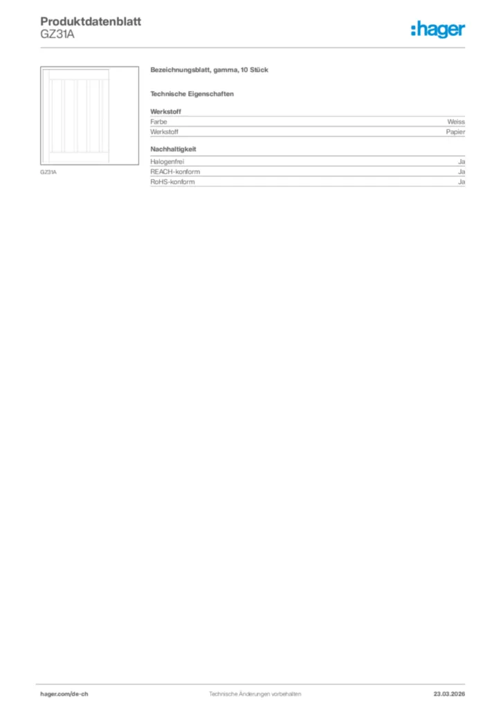 Bild Hager Produktdatenblatt GZ31A | Hager Schweiz