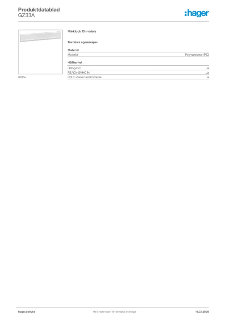 Bild Hager Produktdatablad GZ33A | Hager Sverige