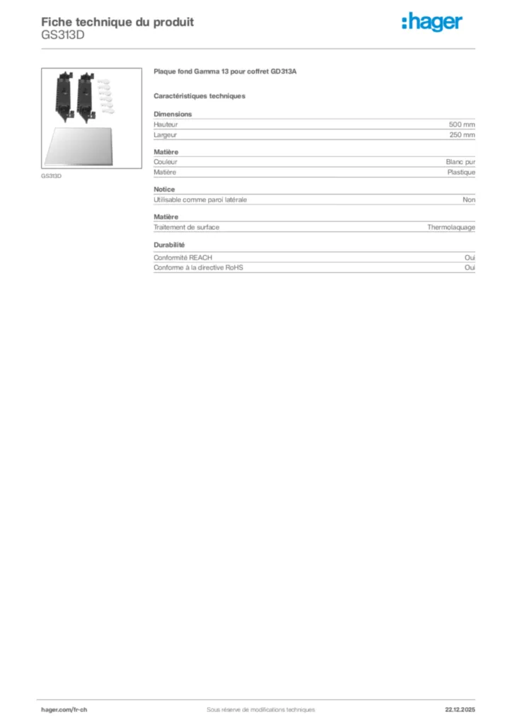 Image Hager Fiche technique du produit GS313D | Hager Suisse