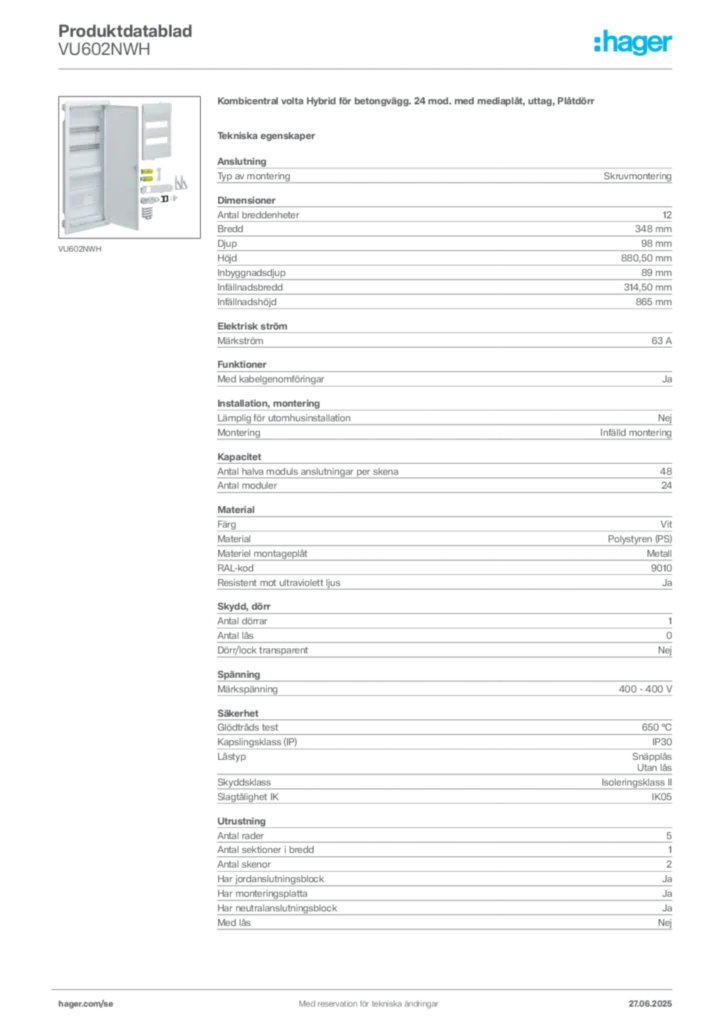 Bild Hager Produktdatablad VU602NWH | Hager Sverige