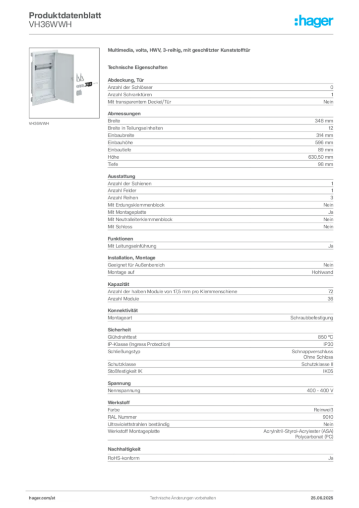 Bild Hager Produktdatenblatt VH36WWH | Hager Deutschland