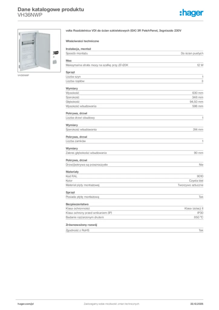 Zdjęcie Hager Karta katalogowa VH36NWP | Hager Polska